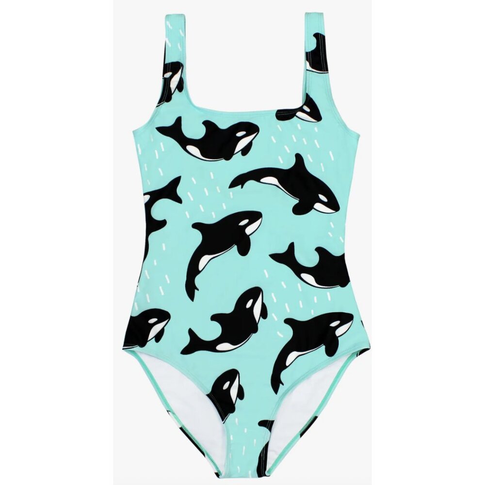 BATOKO Orca Print One Piece Swimsuit in Light Blue Whimsical Summer Stretch XS